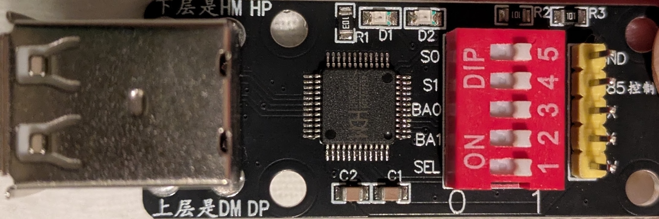 CH9350L module front — USB-A connector, CH9350L chip, and DIP switches